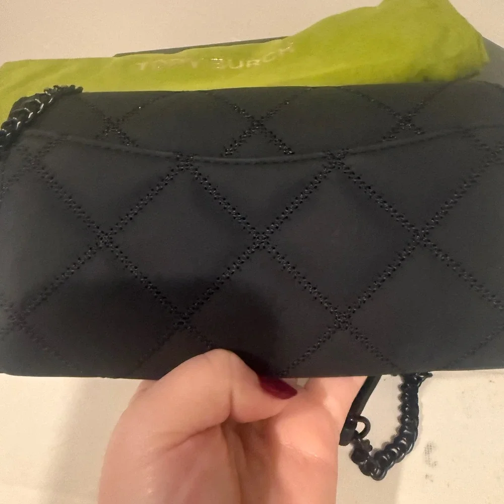 Tory Burch Fleming Wallet On Chain Women Small Black Excellent Quilted Crossbody